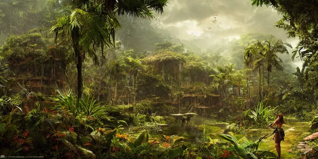 Prompt: tropical jungle, wall wood fortress, borderland style, Hyperrealistic CGI, Photorealistic, plants environment, wide angle, establishing shot, cinematic lighting, atmospheric, realistic, octane render, highly detailed, color graded, matte painting in the style of craig mullins