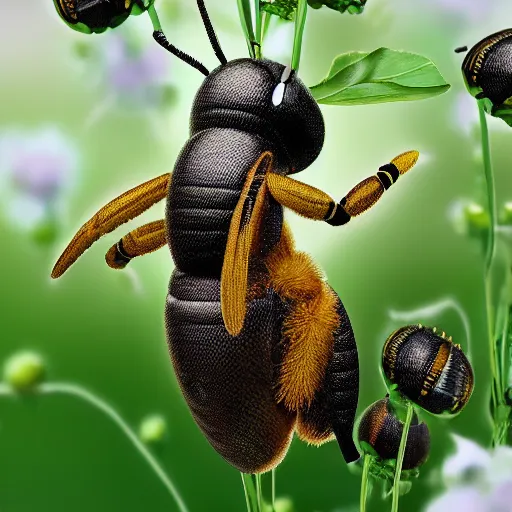 Prompt: hyper realistic 4 k render closeup of an anthropomorphic bee taking a nap on a clover flower