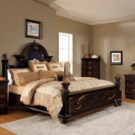 Prompt: award-winning awesome catalog photo plaster headboard in the shape of an ornate fireplace mantel master bedroom