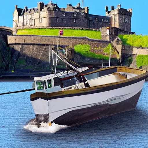 Image similar to fishing boat crashed into edinburgh castle, 4k, very very very highly detailed, hyper realistic realistic