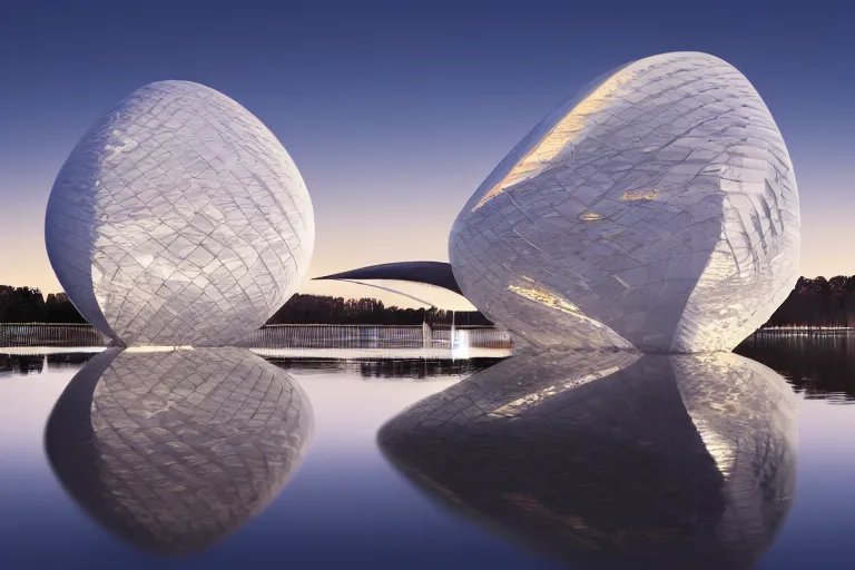 Image similar to a building formed by many multi - white eggshell shapes arranged and combined in space. on the calm lake, people's perspective modern curved architecture, future, award winning, highly detailed 4 k art, dusk, by kazuyo sejima