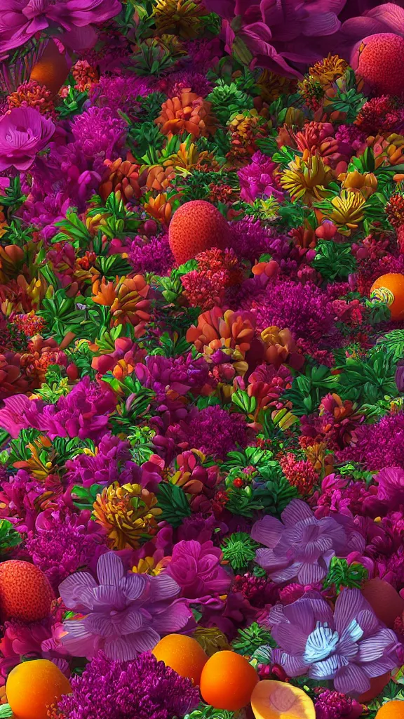 Image similar to a detailed render of a modular synth made of flowers and fruits, redshift renderer, hyperdetailed, 4k, soft lit