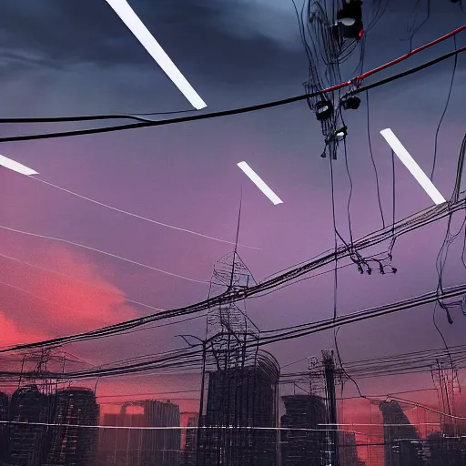 Prompt: Surreal art, suspended wires, synthetic city, beams of light, inverted buildings, clouds of ash, infinite horizon, sunset, reflections, cinematic, otherworldy.