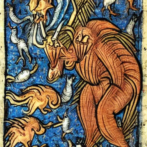 Prompt: grotesque mythical beast in the margins of old illuminated manuscripts