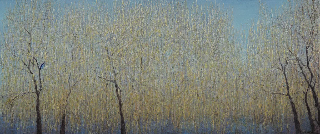 Image similar to A gentle breeze blows the willow trees in early spring , abstract, oil painting, by Zhao Wuji