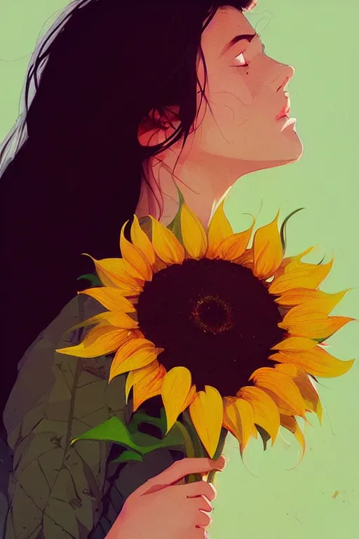 Image similar to a ultradetailed beautiful panting of a stylish woman holding a sunflower, by conrad roset, greg rutkowski and makoto shinkai, trending on artstation