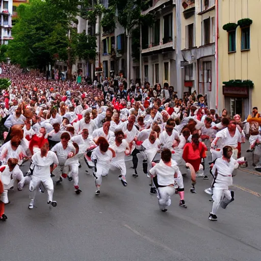 Image similar to the running of the screaming bob ross in pamplona spain