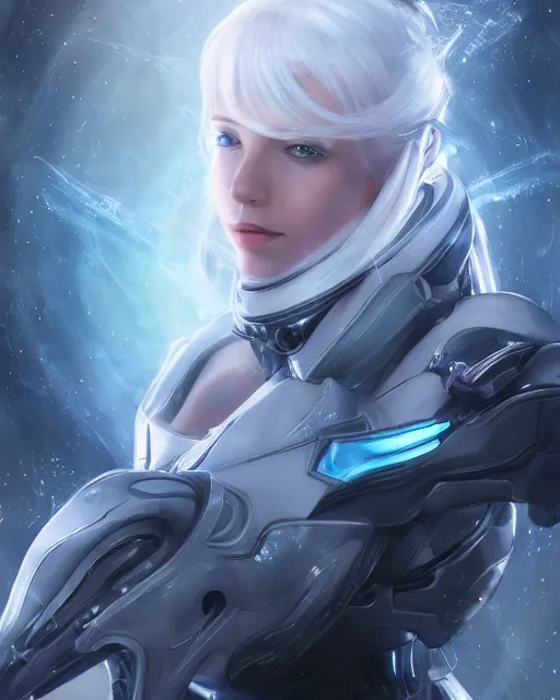 Image similar to photo of a beautiful girl on a mothership, android, warframe armor, pretty face, scifi, futuristic, galaxy, raytracing, dreamy, perfect, aura of light, pure, white hair, blue cyborg eyes, glow, insanely detailed, artstation, innocent look, art by gauthier leblanc, kazuya takahashi, huifeng huang