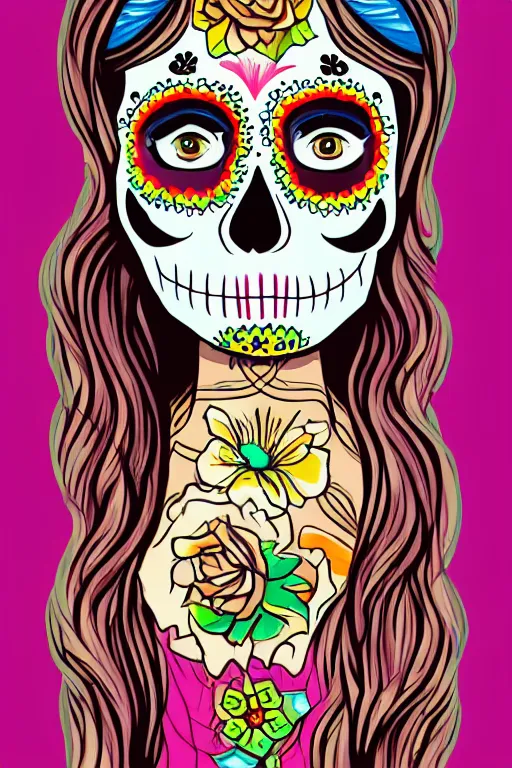 Image similar to illustration of a sugar skull day of the dead girl, art by nick sullo