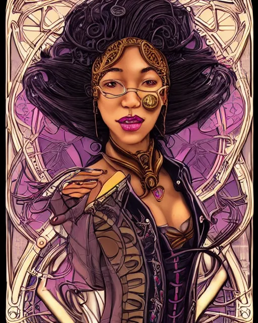 Image similar to a detailed portrait illustration of a steampunk wizard - dancer. attractive black asian female face, alluring expression. art nouveau, pop art, comic book style. influenced by neil gaiman, h. p. lovecraft, dan mumford, brian froud, vadim voitekhovitch, osborne macharia, ross tran.