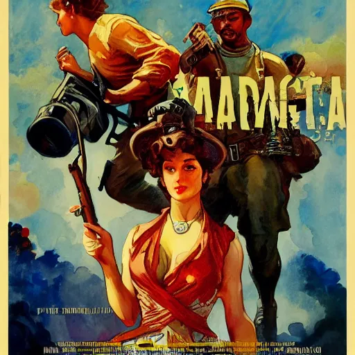 Prompt: vintage movie poster art for pubg by greg manchess, mucha, kandinsky touches, watercolor, in style of rococo, sharp focus, artstation, cinematic lighting, hyper realism, octane render, epic, award - winning, 8 k, hyper detailed.