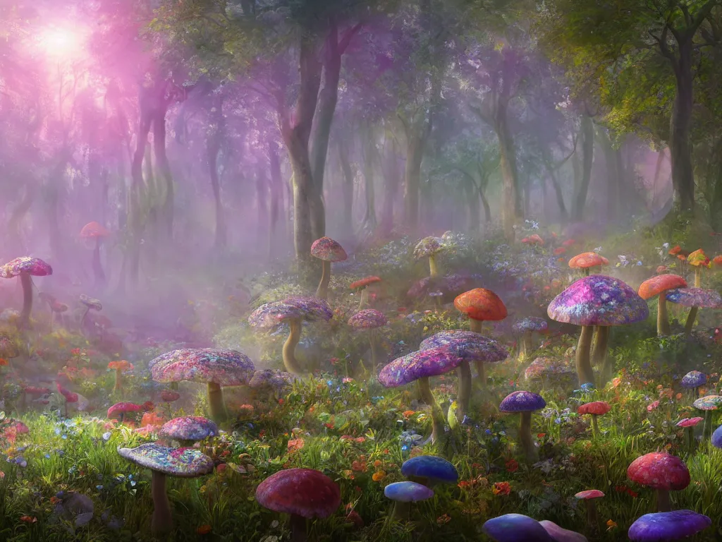 Prompt: 3d render of opalescent iridescent wildflowers in enchanted mushroom forest, Sunlight Study, by Jan Davidsz de Heem and ((((((Lisa Frank)))))), misty morning, Art Nouveau, 8k, extreme detail, sharp focus, octane render