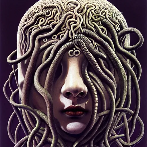 Image similar to very sad medusa, crying, tubular creature, blood vesels, no face, dystopian surrealism, art style alex ries giger, zdzisław beksinski, symmetry accurate features, very intricate details, high resolution, 4 k, intricate, sharp