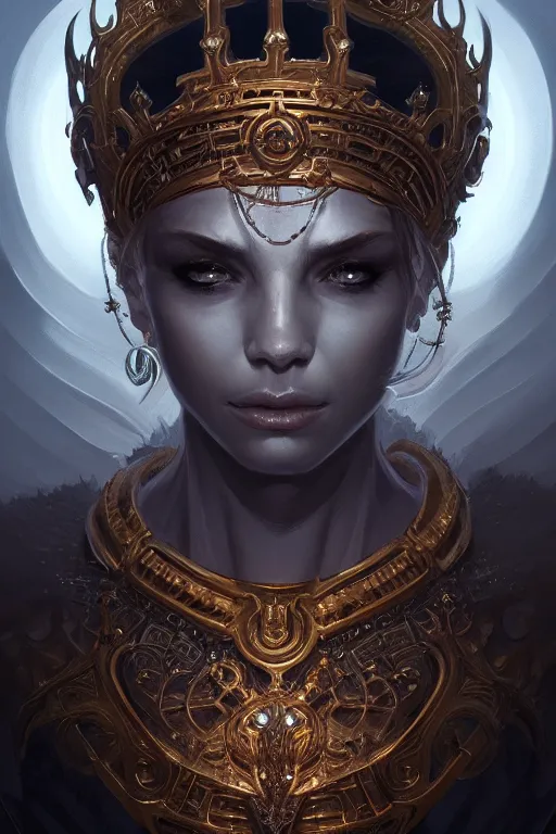 Prompt: highly detailed portrait of an elegant demon, ornate crown, beautiful symmetrical face, glowing skin, digital painting, artstation, concept art, smooth, clear focus, illustration, greg rutkowski, artgerm, global lighting, detailed and fantasy