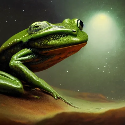 Image similar to long shot of an frog alien, by esao andrews, by m. w. kaluta, by james web telescope, ultra humorous beautiful oil painting, cinematic space scenery, small depth of field, depth perception, volumetric light, rich colors, 3 d octane render, 8 k, conceptart, hyperdetailed, hyperrealistic, trending on artstation