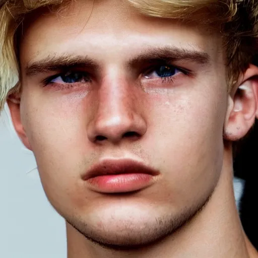 Image similar to an close - up photo of an american 2 0 yo man wearing a white shirt and black tracksuit, blonde hair, hazel eyes, small blond goatee, biggish nose