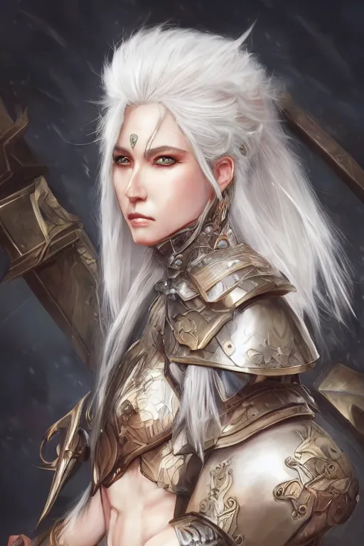 Image similar to A realistic anime portrait of a white haired female barbarian wearing an intricate armor, digital painting, by Stanley Artgerm Lau, Sakimichan, WLOP and Rossdraws, digtial painting, trending on ArtStation, SFW version