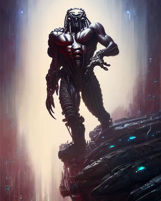 Image similar to the predator fantasy character portrait, ultra realistic, wide angle, intricate details, blade runner artifacts, highly detailed by peter mohrbacher, boris vallejo, hajime sorayama aaron horkey, gaston bussiere, craig mullins