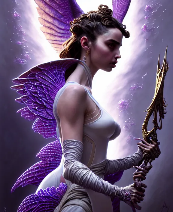 Image similar to beautiful fantasy character portrait, ana de armas, ultra realistic, wide angle, intricate details, the fifth element artifacts, tesseracts, highlights of purple, highly detailed by peter mohrbacher, hajime sorayama, wayne barlowe, boris vallejo, paolo eleuteri serpieri, dishonored 2, white gown, angel wings