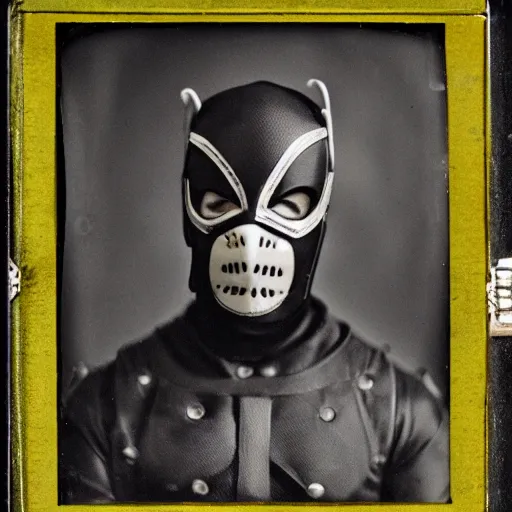 Prompt: tintype photographs of superheroes, masked wrestlers, monster hunters, technowizards