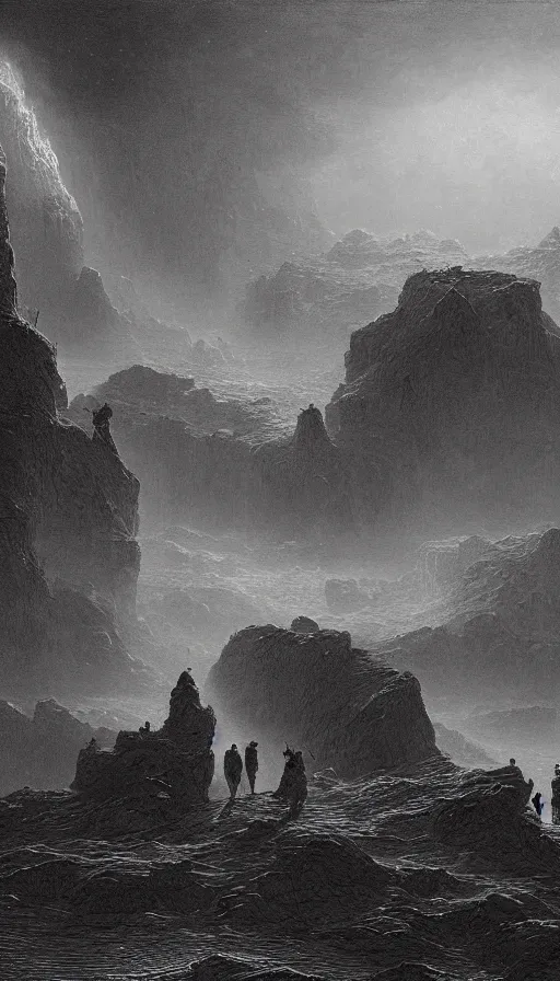 Image similar to Crossing the chasm in alien territory, Gustave Dore, people walking into the horizon, trending on artstation