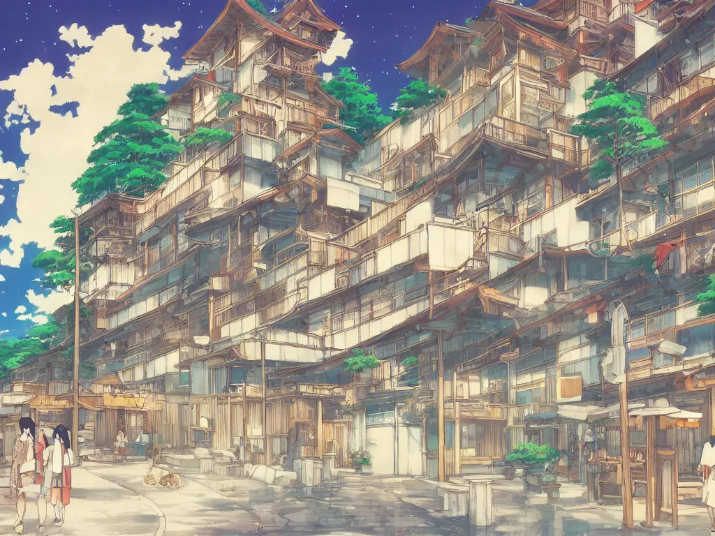 Prompt: Japanese onsen in anime style by makoto shinkai and studio ghibli, colorful, anime background