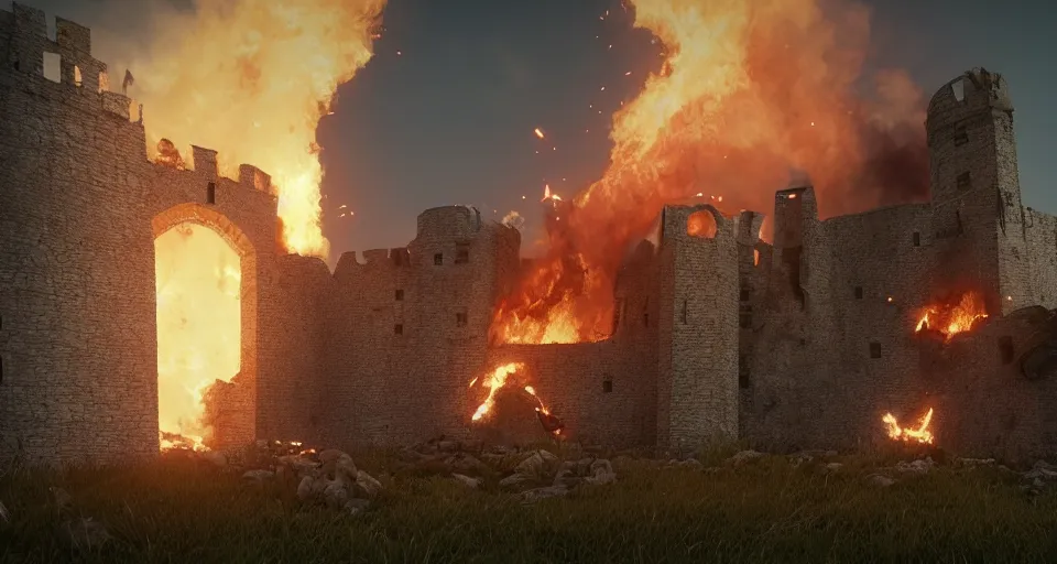 Prompt: tribuchets fireing on a medieval fortress, destroying the walls, fire and explosion, debris flying around, octane render, unreal engine