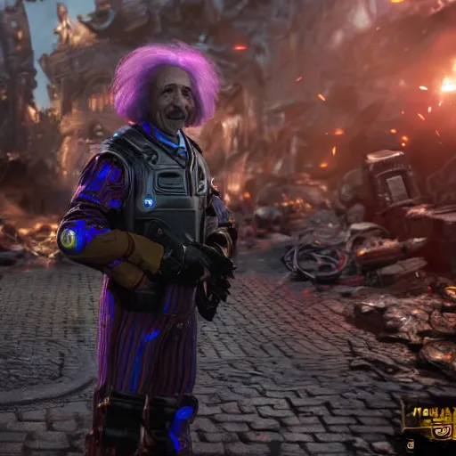 Image similar to albert einstein as willy wonka in gears of war, splash art, movie still, cinematic lighting, dramatic, octane render, long lens, shallow depth of field, bokeh, anamorphic lens flare, 8 k, hyper detailed, 3 5 mm film grain