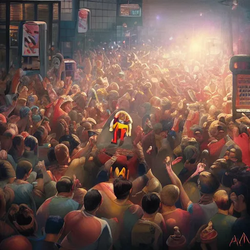 Prompt: people riot for getting macdonalds hamburgers. artstation, art surreal