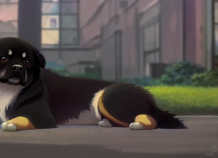 Image similar to a wholesome animation key shot of a black tibetan spaniel, laying down, sad, on a wet tokyo street, studio ghibli, pixar and disney animation, sharp, rendered in unreal engine 5, anime key art by greg rutkowski, bloom, dramatic lighting