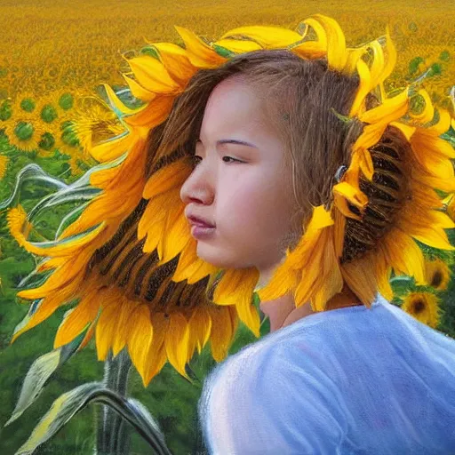 Image similar to a girl smelling one of sunflowers in an amazing tall sunflower field, hair flowing, fog, early morning lightning, subtle, intricate details, real masterpiece, oil on canvas, by somsak anong