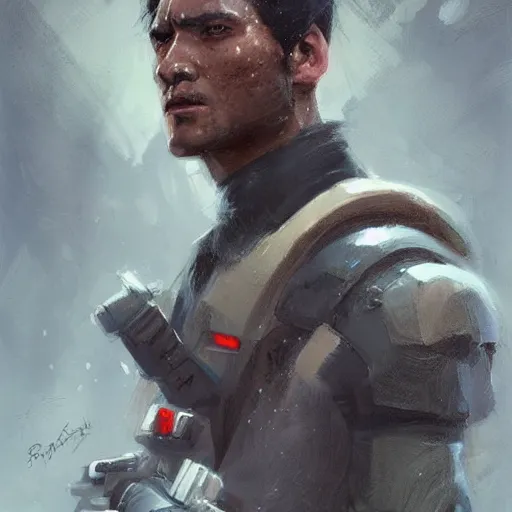 Prompt: portrait of a man by greg rutkowski, arlen fett, samoan features, short black hair, strong and tall, star wars expanded universe, he is about 3 0 years old, wearing tactical gear, digital painting, artstation, concept art, smooth, sharp foccus ilustration, artstation hq