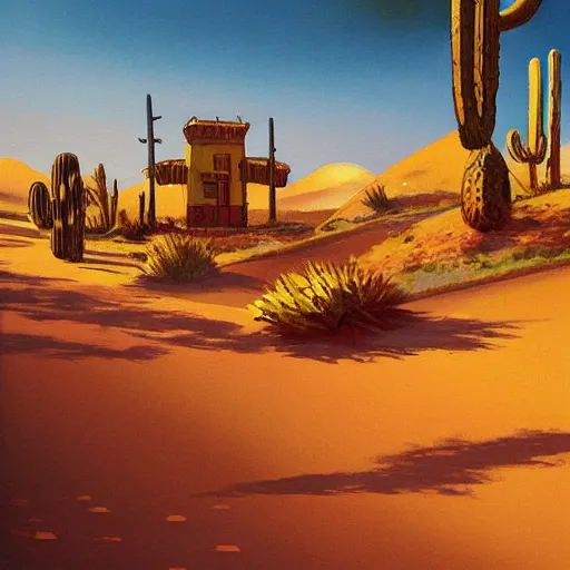Image similar to a beautiful painting of a village in the desert, white houses, two suns, cowboy bebop