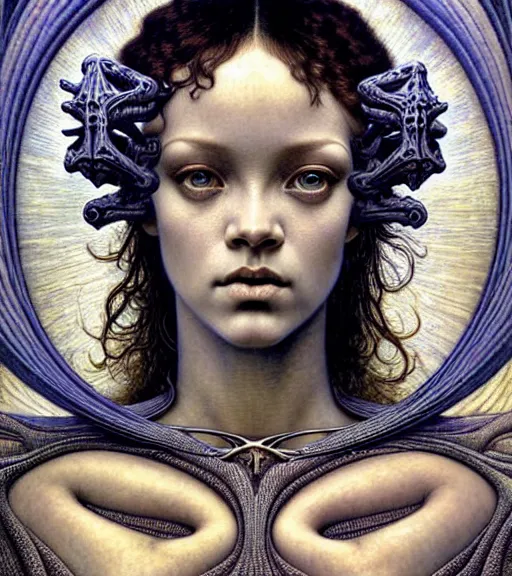 Image similar to detailed realistic beautiful young medieval alien robot rihanna face portrait by jean delville, gustave dore and marco mazzoni, art nouveau, symbolist, visionary, gothic, pre - raphaelite. horizontal symmetry by zdzisław beksinski, iris van herpen, raymond swanland and alphonse mucha. highly detailed, hyper - real, beautiful, fractal baroque