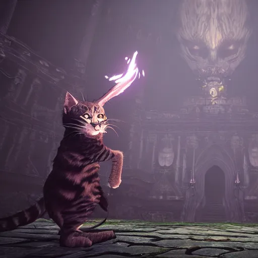 Image similar to a cat as a final boss, artstation hq, dark phantasy, stylized, symmetry, modeled lighting, detailed, expressive, created by hidetaka miyazaki, dark souls 3 screenshot