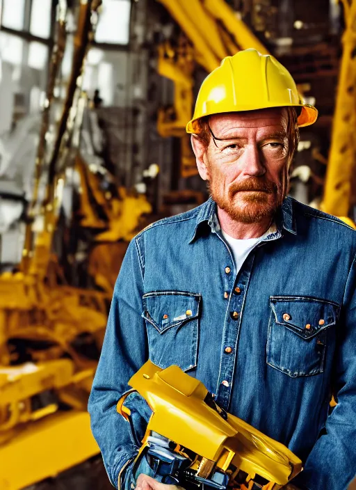 Image similar to closeup portrait of mecha bryan cranston with construction crane, yellow hardhat, natural light, bloom, detailed face, magazine, press, photo, steve mccurry, david lazar, canon, nikon, focus