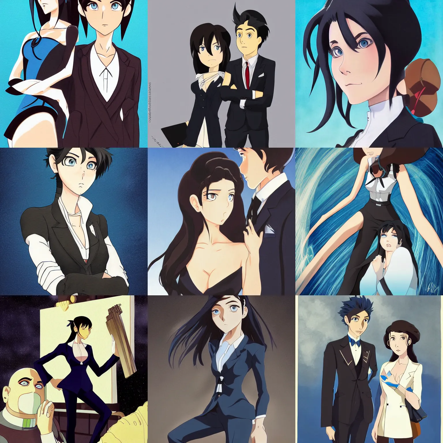 Prompt: cartoon render painting of a strikingly gorgeous assiniboine and mandan and german woman with blue eyes and dark brown hair, wearing a modern black business suit, by studio ghibli and rossdraws
