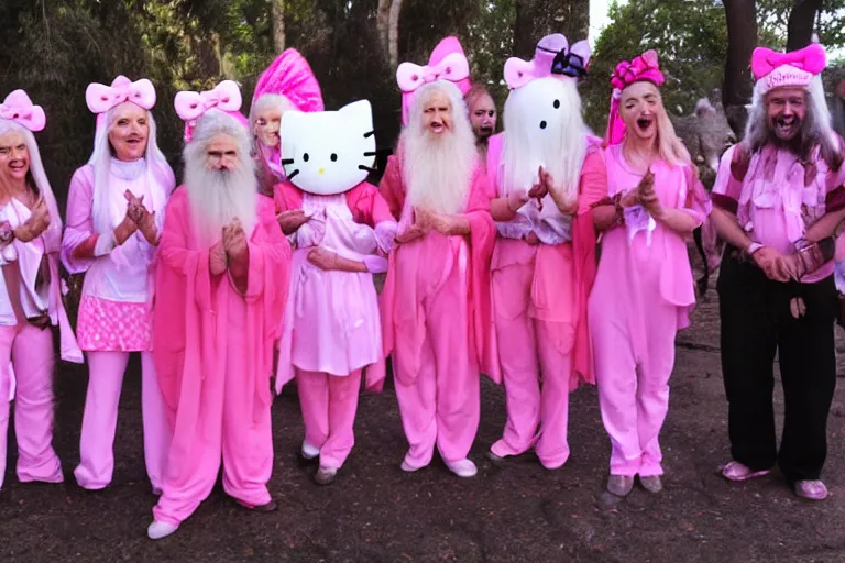 Prompt: group shot of many Gandalfs wearing pink Hello kitty costumes, laughing maniacally, sunrise, movie still from Lord of the Rings, cinematic