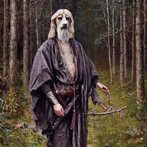 Image similar to Slavic dog head man, woolen torso in medieval clothes, walking in the forest, Orthodox Saint Christopher, oil painting, painting by Viktor Vasnetsov, concept art, hyperrealism, beautiful, high resolution, trending on artstation, by Luis Royo