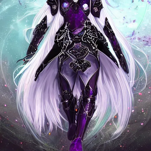 Image similar to portrait evilly white hair knights of Zodiac girl, metalic deep purple and black reflected armor, in ruined Agora of Athens thunder sparkling flash night, ssci-fi, fantasy, intricate, very very beautiful, elegant, highly detailed, digital painting, artstation, concept art, smooth, sharp focus, illustration, art by tian zi and WLOP and alphonse mucha