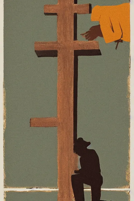 Image similar to man kneeling at the base of a wooden cross, 1960’s minimalist advertising illustration, painterly