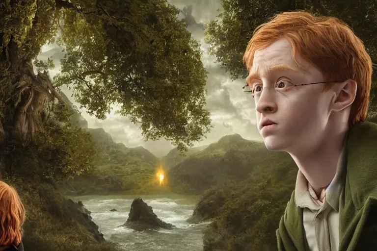 Image similar to an ultra realistic, cinematic, headshot portrait, of harry potter, ron weasley, hermoine granger as an avocado, fantasy, avocado, facial features, background of a vast serene landscape, with trees and rivers, detailed, deep focus, movie still, dramatic lighting, ray tracing, by michal karcz and yoshitaka amano