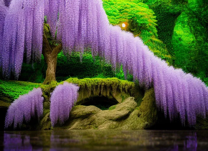 Prompt: long shot of a tiny wisteria tree on an island in a river in an underground cave. fantasy magic style. highly detailed 8 k. intricate. lifelike. epic. movie poster. soft light. sony a 7 r iv 5 5 mm. cinematic post - processing