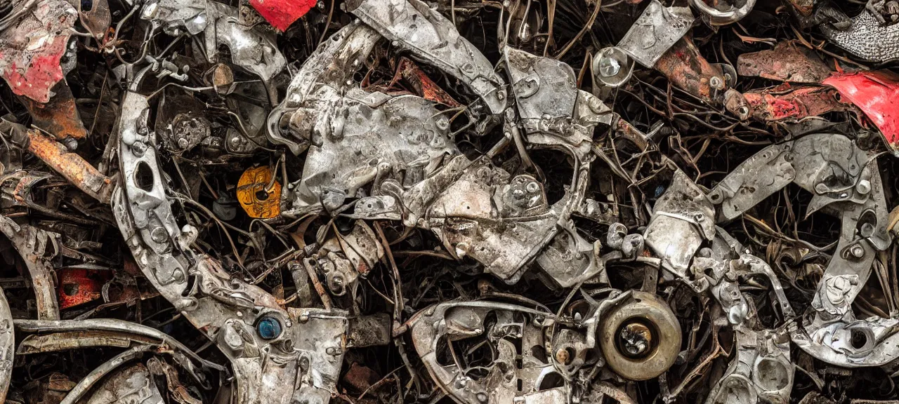 Prompt: closeup of a flower made up of automobile parts in a forest with rain