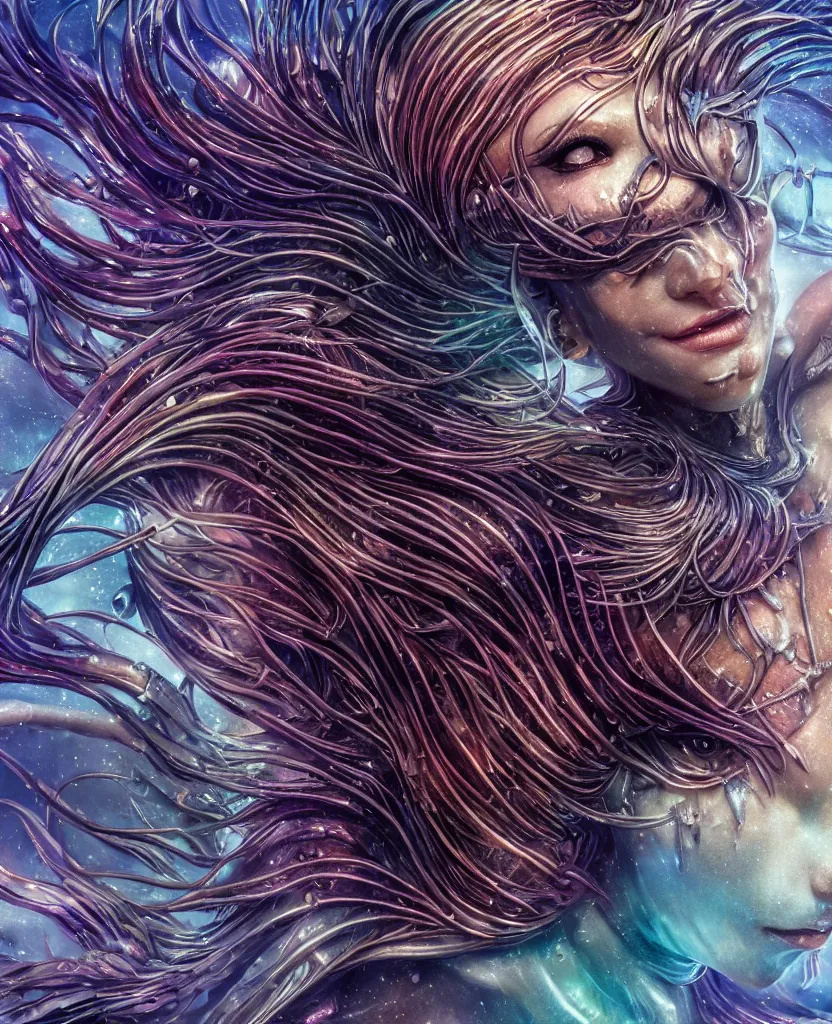 Prompt: close-up macro portrait of the face of a beautiful mermaid, epic angle and pose, symmetrical artwork, 3d with depth of field, blurred background, cybernetic lionfish female face skull phoenix bird, translucent, nautilus, energy flows of water and fire. a highly detailed epic cinematic concept art CG render. made in Maya, Blender and Photoshop, octane render, excellent composition, cinematic dystopian brutalist atmosphere, dynamic dramatic cinematic lighting, aesthetic, very inspirational, arthouse. y Greg Rutkowski, Ilya Kuvshinov, WLOP, Stanley Artgerm Lau, Ruan Jia and Fenghua Zhong