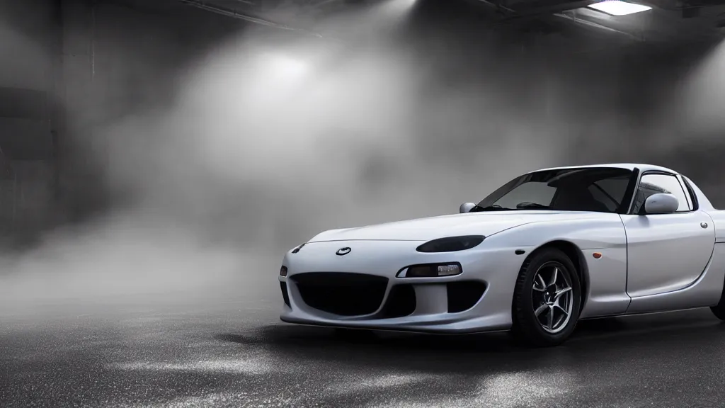 Image similar to a mazda rx - 7, cinematic, white balance, 8 k, rim lighting, led, lumen global illumination, fog, ray tracing reflections