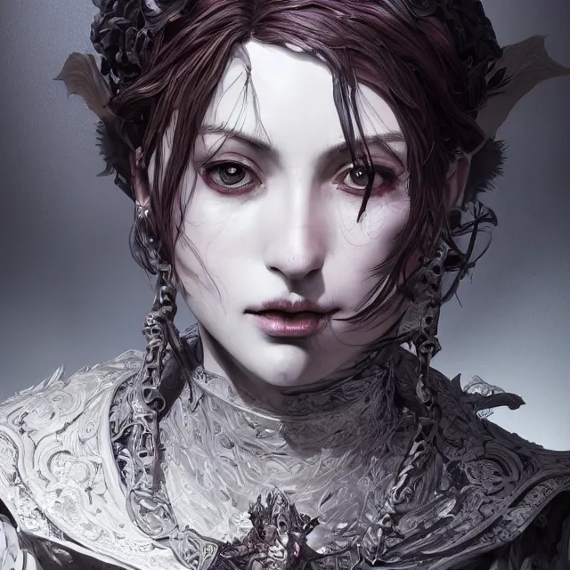 Image similar to the portrait of neutral evil fallen female dark knight vagabond as absurdly beautiful, gorgeous, elegant, sophisticated, young woman, an ultrafine hyperdetailed illustration by kim jung gi, irakli nadar, intricate linework, bright colors, octopath traveler, final fantasy, unreal engine 5 highly rendered, global illumination, radiant light, detailed and intricate environment