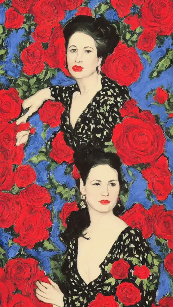 Image similar to portrait of rebekah delrio in david lynch pattern dress beside of a big persian detailed pot of red roses, blue and red lights painted by john singer sargent