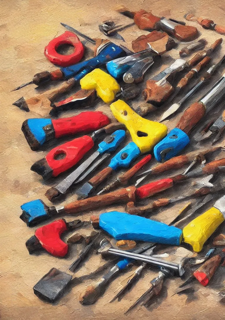 Image similar to a beautiful painting of a toolkit filled with broken hammers, photorealistic, stylized