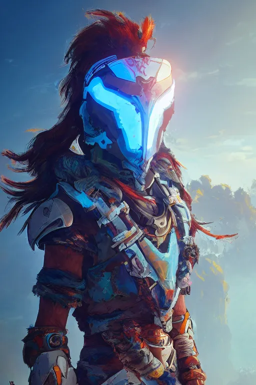 Image similar to combination suit armor aloy horizon forbidden west horizon zero dawn radiating a glowing aura global illumination ray tracing hdr fanart arstation by ian pesty and alena aenami artworks in 4 k tribal robot ninja mask helmet backpack